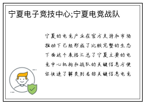 宁夏电子竞技中心;宁夏电竞战队